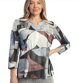Jess & Jane Jess & Jane  Artiste Print Notch Neck 3/4 Sleeve Top