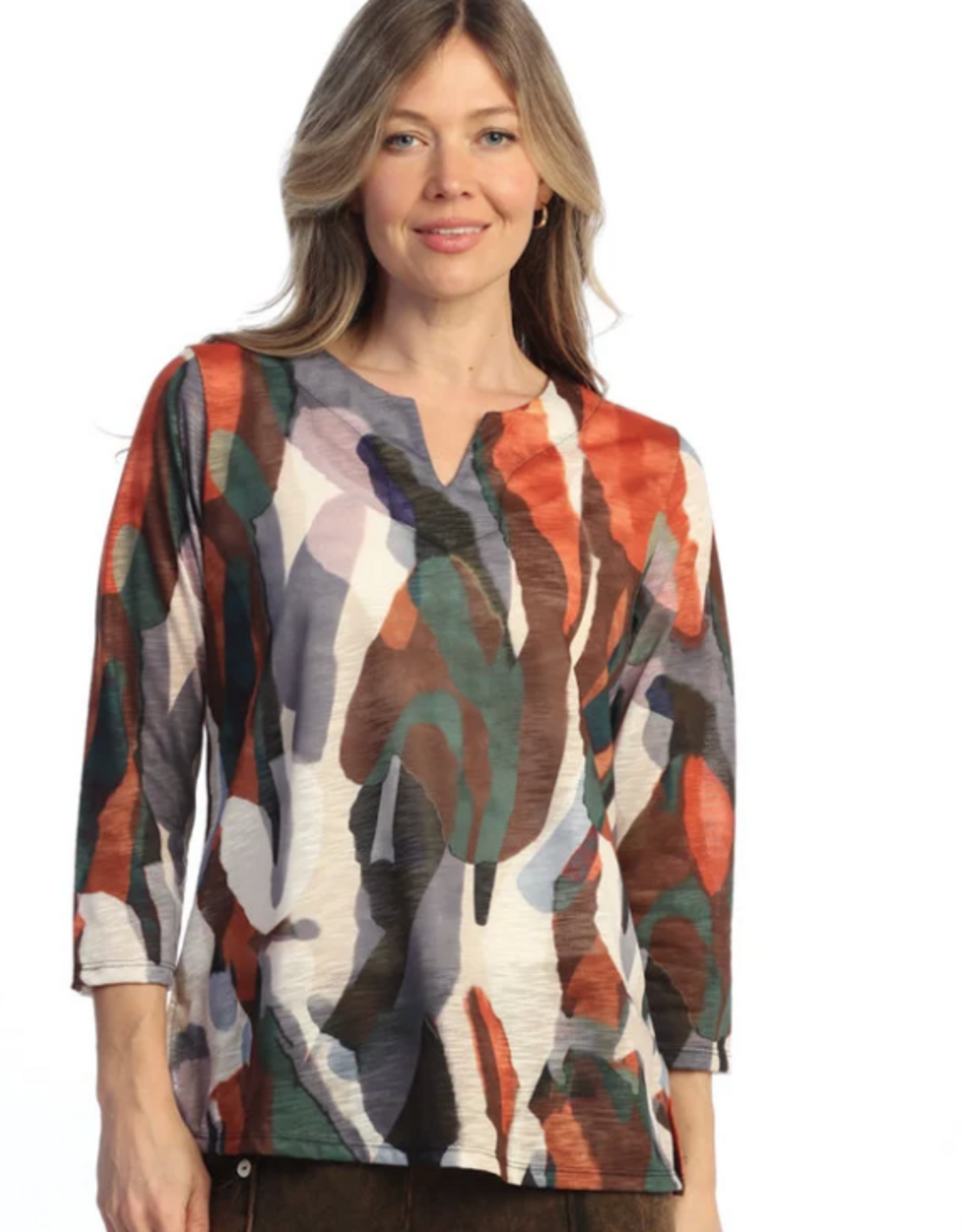 Jess & Jane Jess & Jane  Golden Hour Print  Notch Neck 3/4 Sleeve Top