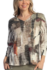 Jess & Jane Jess & Jane Natural   Burn Out Print Hi-Low  V-Neck 3/4 Sleeve Top