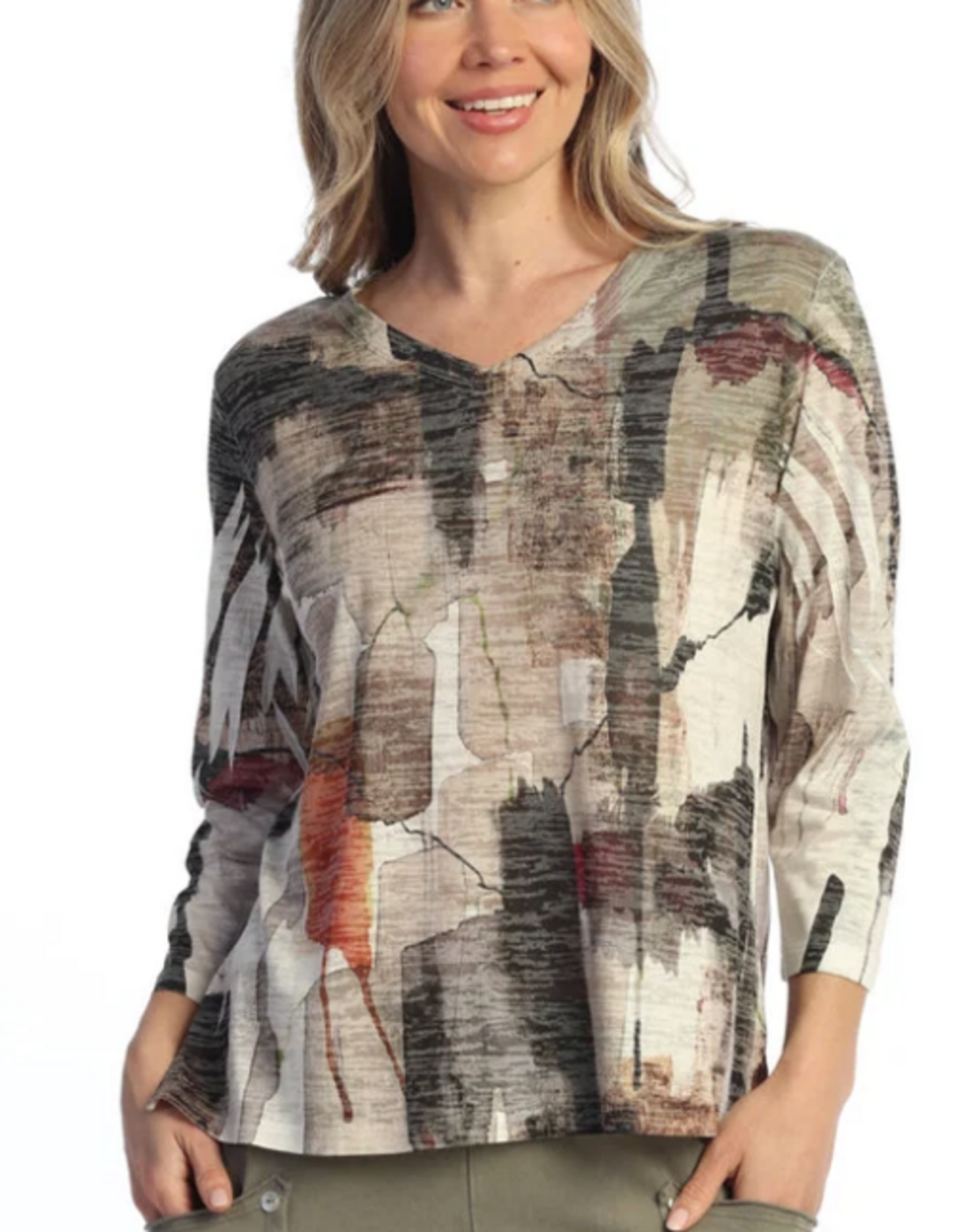 Jess & Jane Jess & Jane Natural   Burn Out Print Hi-Low  V-Neck 3/4 Sleeve Top