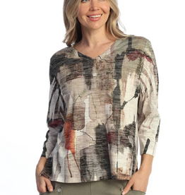 Jess & Jane Jess & Jane Natural   Burn Out Print Hi-Low  V-Neck 3/4 Sleeve Top