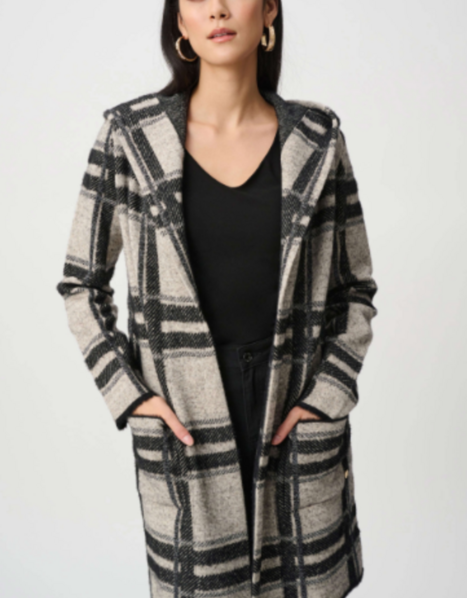 Joseph Ribkoff Joseph Ribkoff  Champagne/Blk  Brushed Jacquard Plaid Hooded Jacket