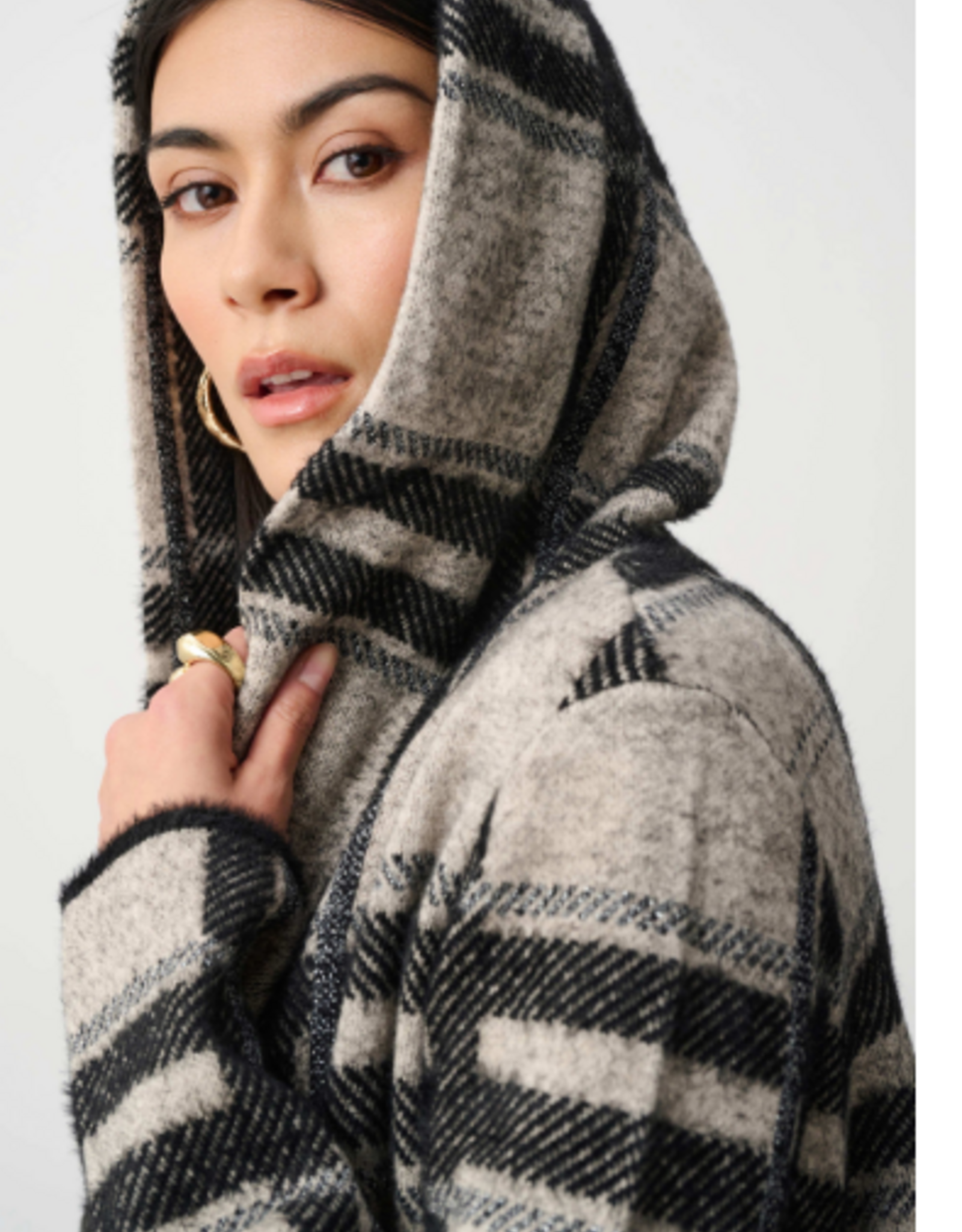 Joseph Ribkoff Joseph Ribkoff  Champagne/Blk  Brushed Jacquard Plaid Hooded Jacket