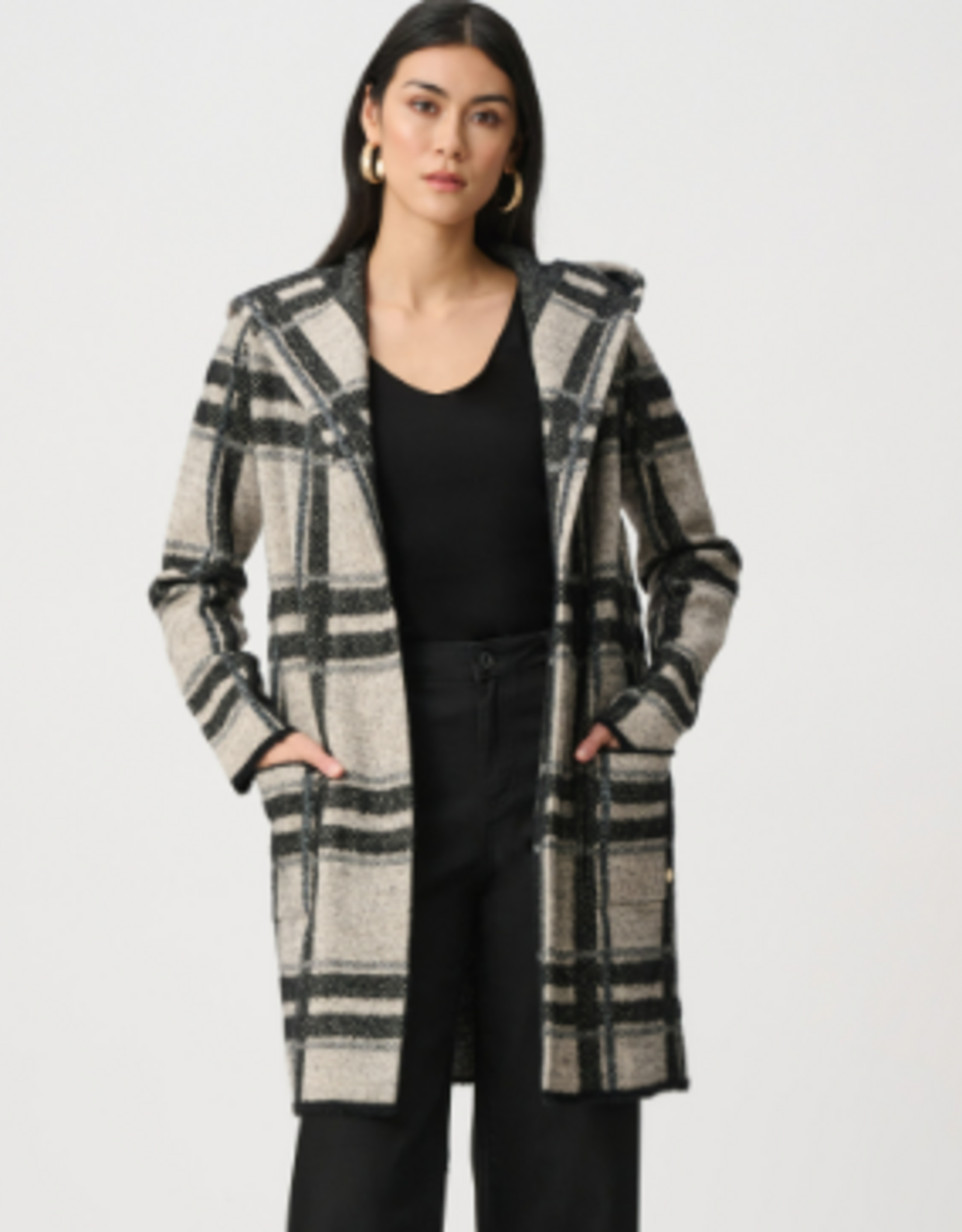 Joseph Ribkoff Joseph Ribkoff  Champagne/Blk  Brushed Jacquard Plaid Hooded Jacket