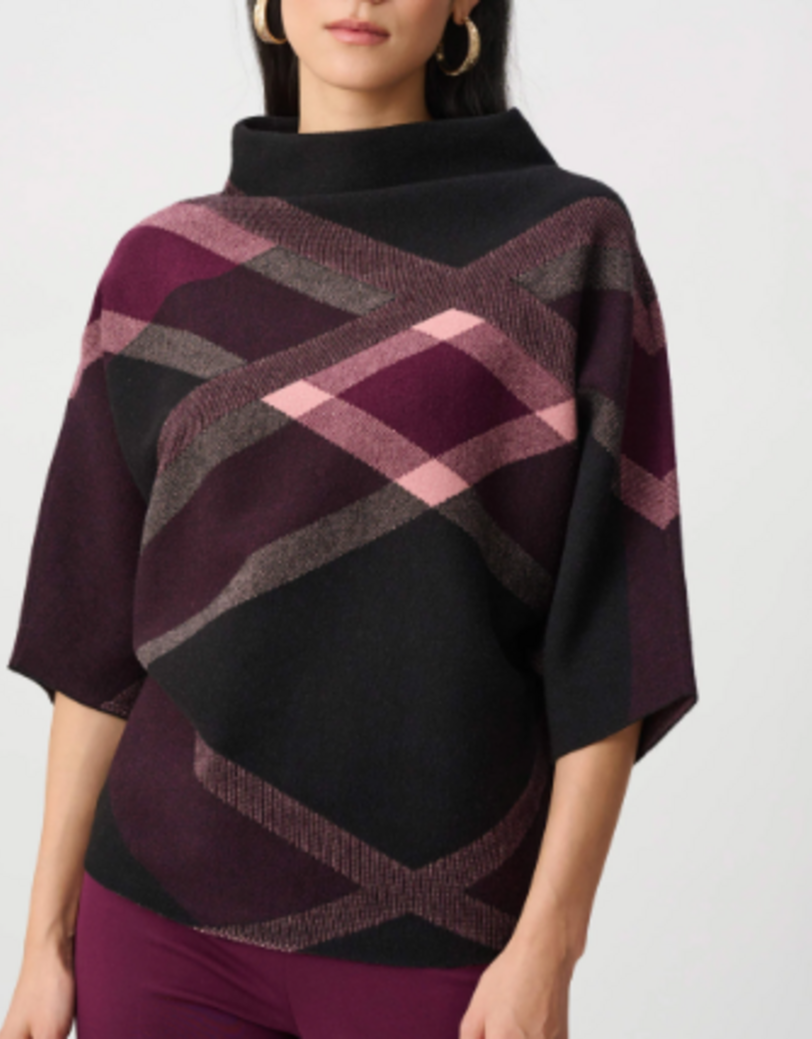 Joseph Ribkoff Joseph Ribkoff Black Multi Brushed Plaid Funnel-Neck Sweater