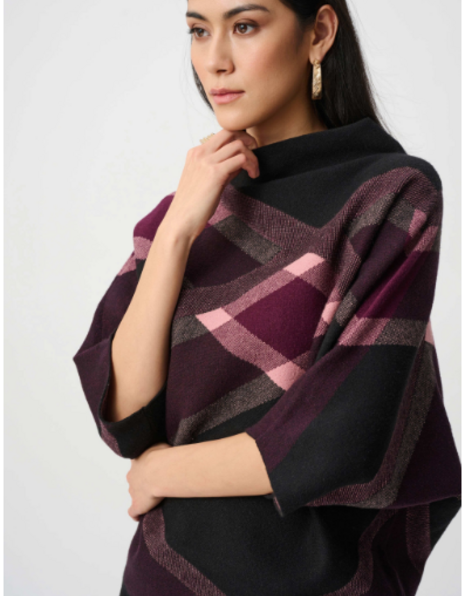 Joseph Ribkoff Joseph Ribkoff Black Multi Brushed Plaid Funnel-Neck Sweater