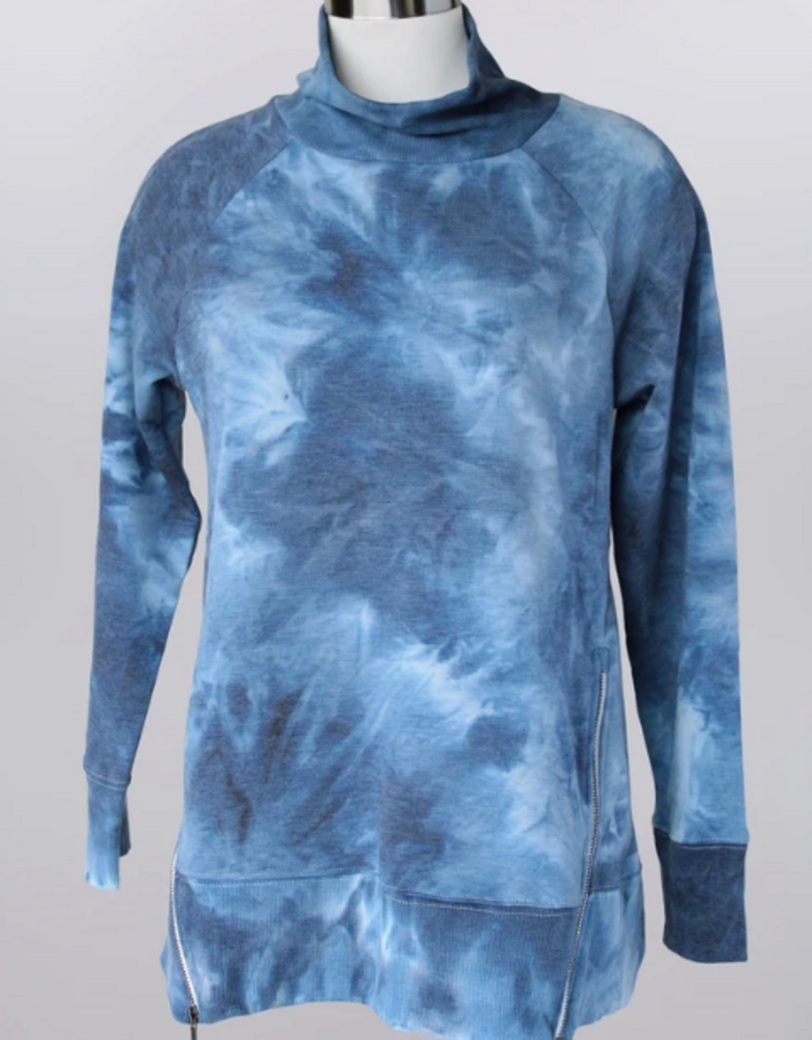 Keren Hart Keren Hart Blue Tie Dye Print Round Neck Long Sleeve Zip Hem Detail Top