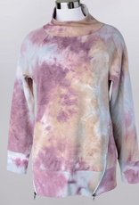 Keren Hart Keren Hart Mauve Tie Dye Print Round Neck Long Sleeve Zip Hem Detail Top