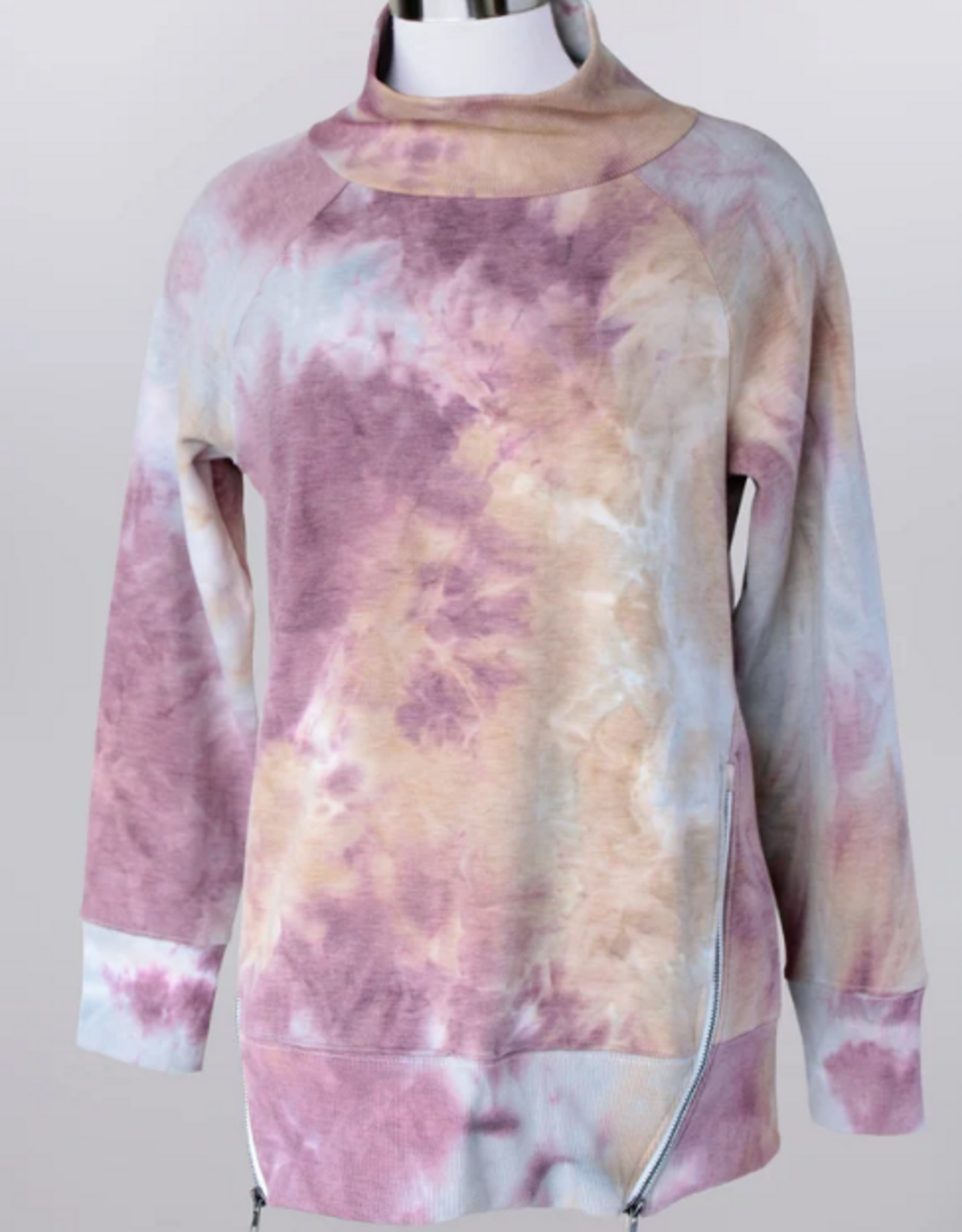 Keren Hart Keren Hart Mauve Tie Dye Print Round Neck Long Sleeve Zip Hem Detail Top