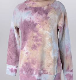 Keren Hart Keren Hart Mauve Tie Dye Print Round Neck Long Sleeve Zip Hem Detail Top