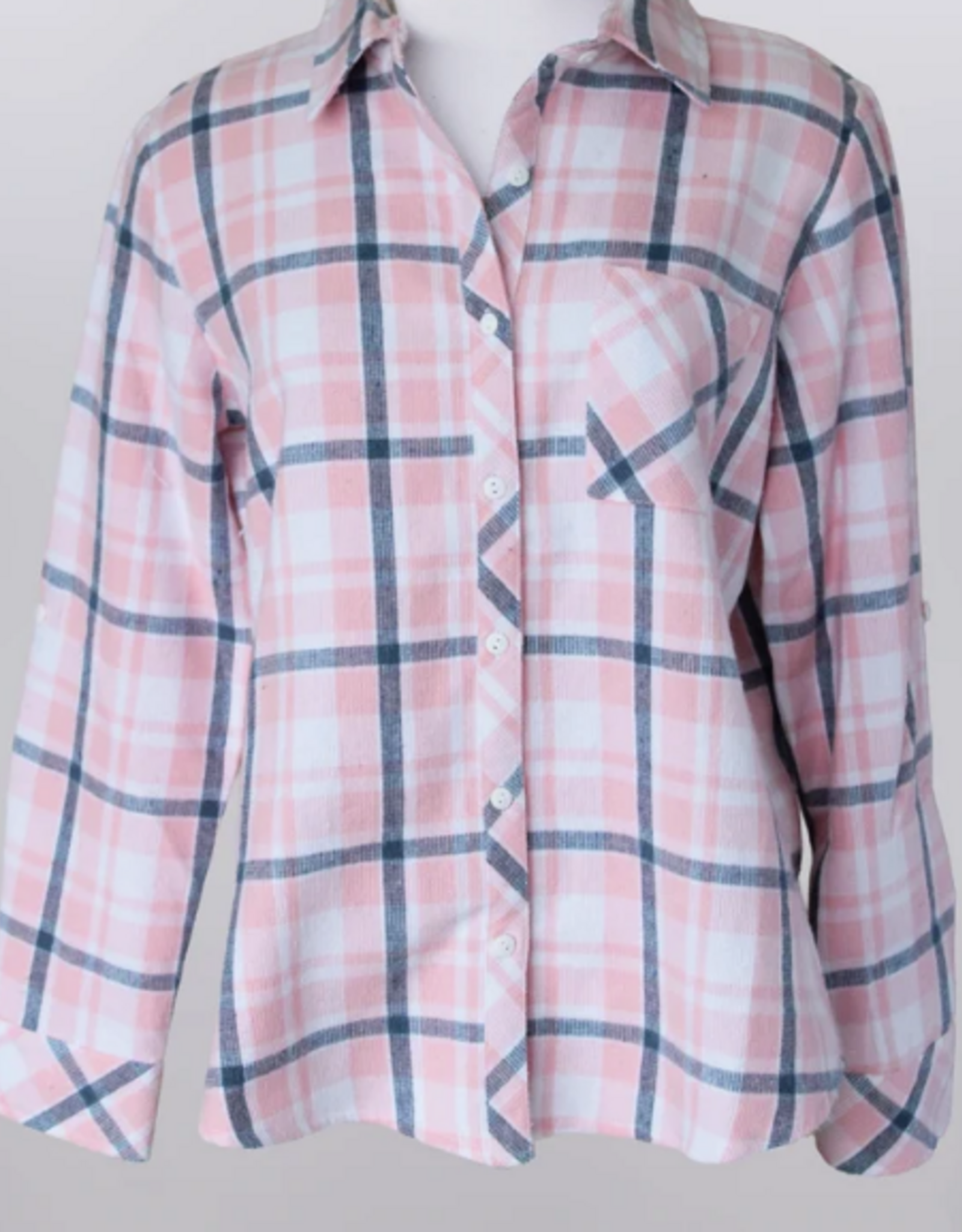 Keren Hart Keren Hart YY7 Pink/Blue Plaid Button Up Long Sleeve Shirt