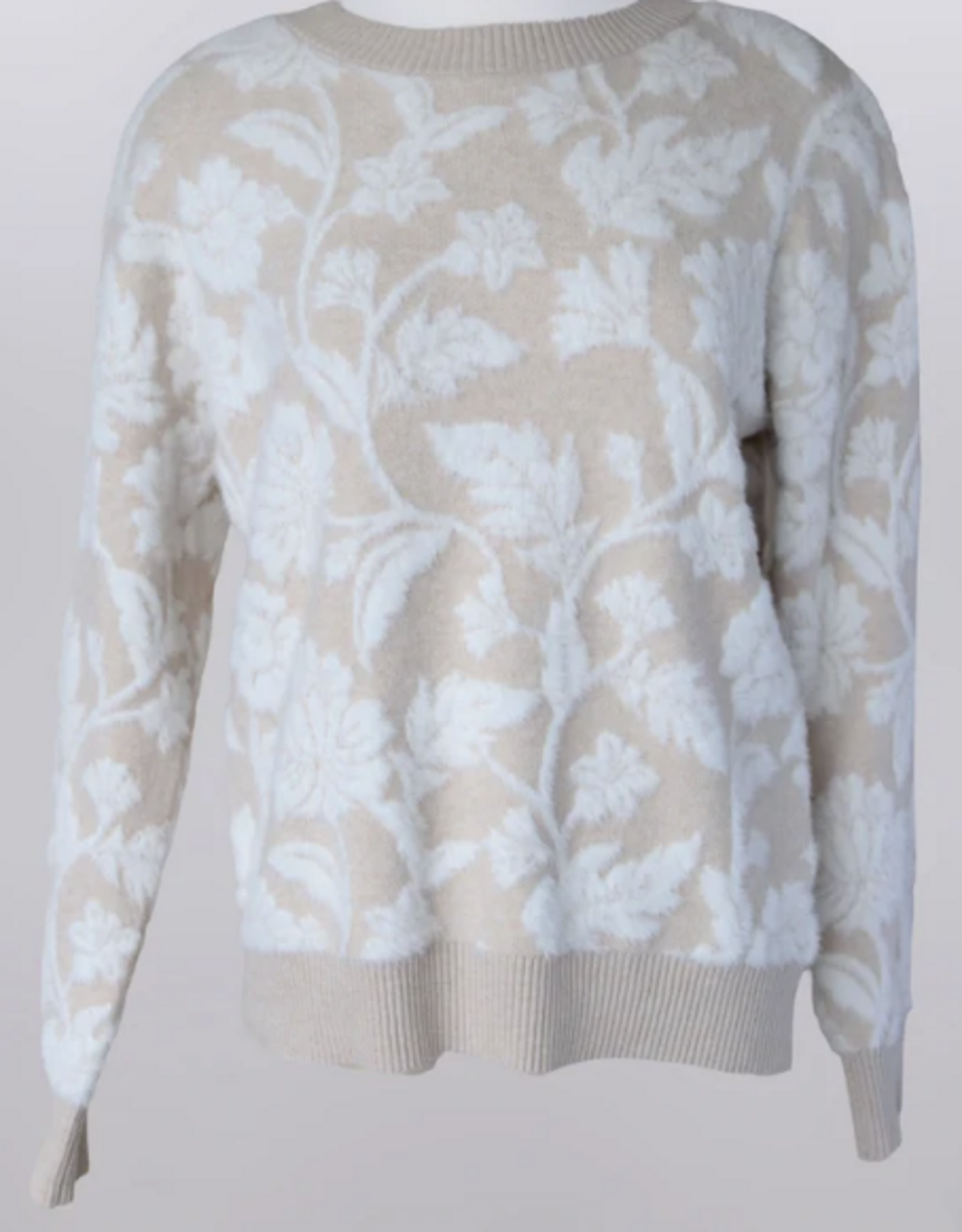 Keren Hart Keren Hart Tan/White Leaf Print Round Neck L/S Sweater
