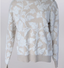 Keren Hart Keren Hart Tan/White Leaf Print Round Neck L/S Sweater