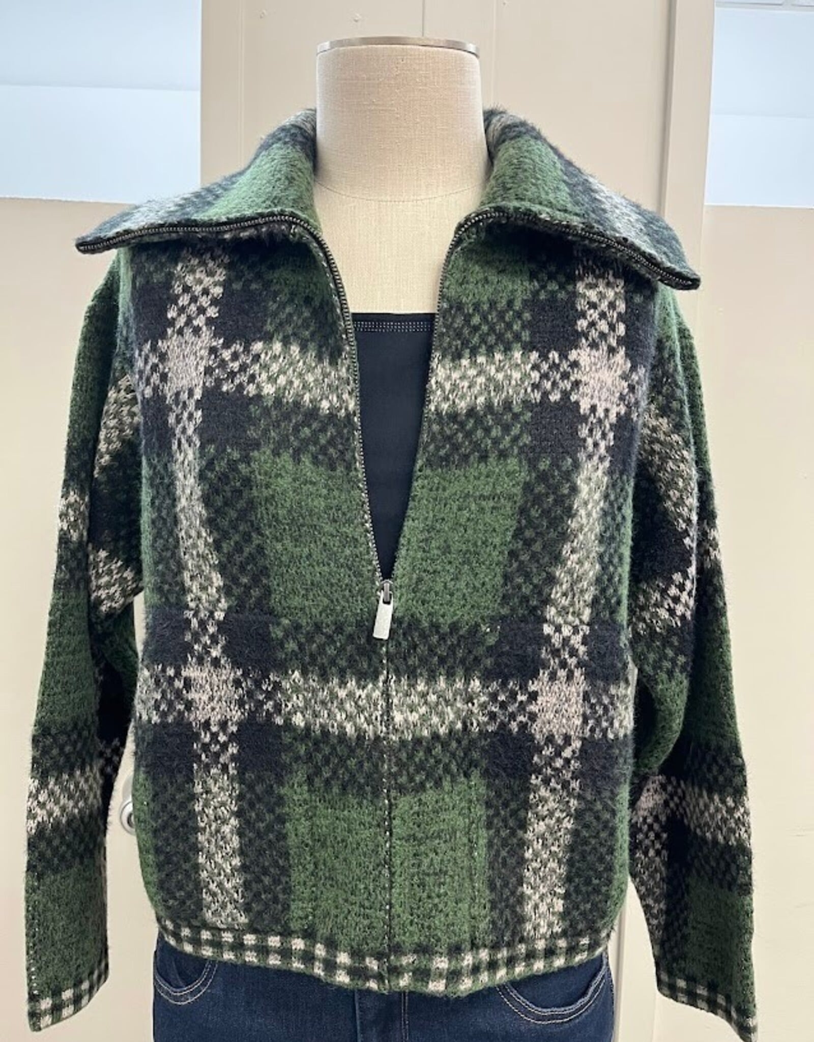 Habitat Habitat Fern Plaid Zip Up Collar Long Sleeve Sweater Jacket