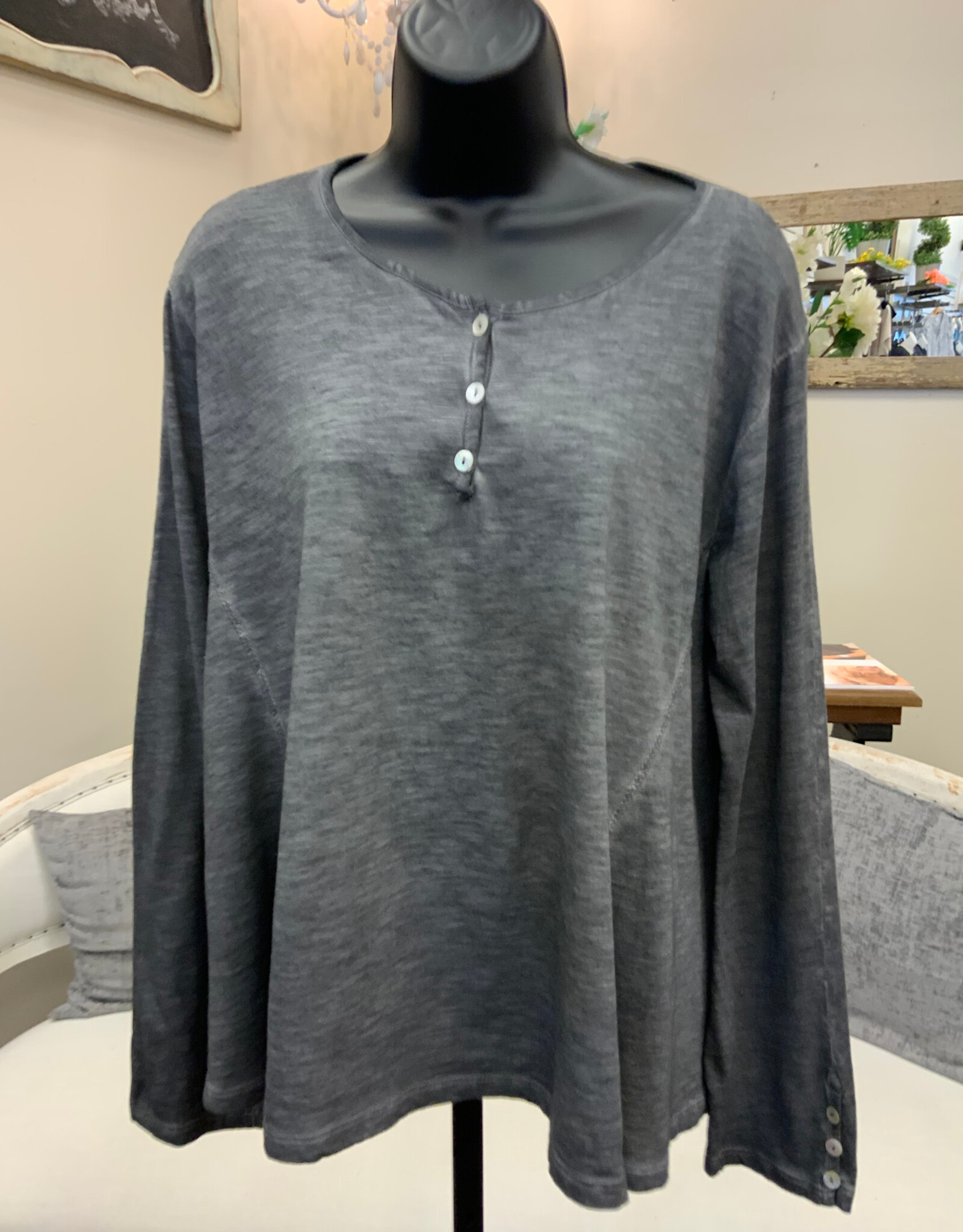 Saga Saga Charcoal Round Neck Long Sleeve Button Detail Top