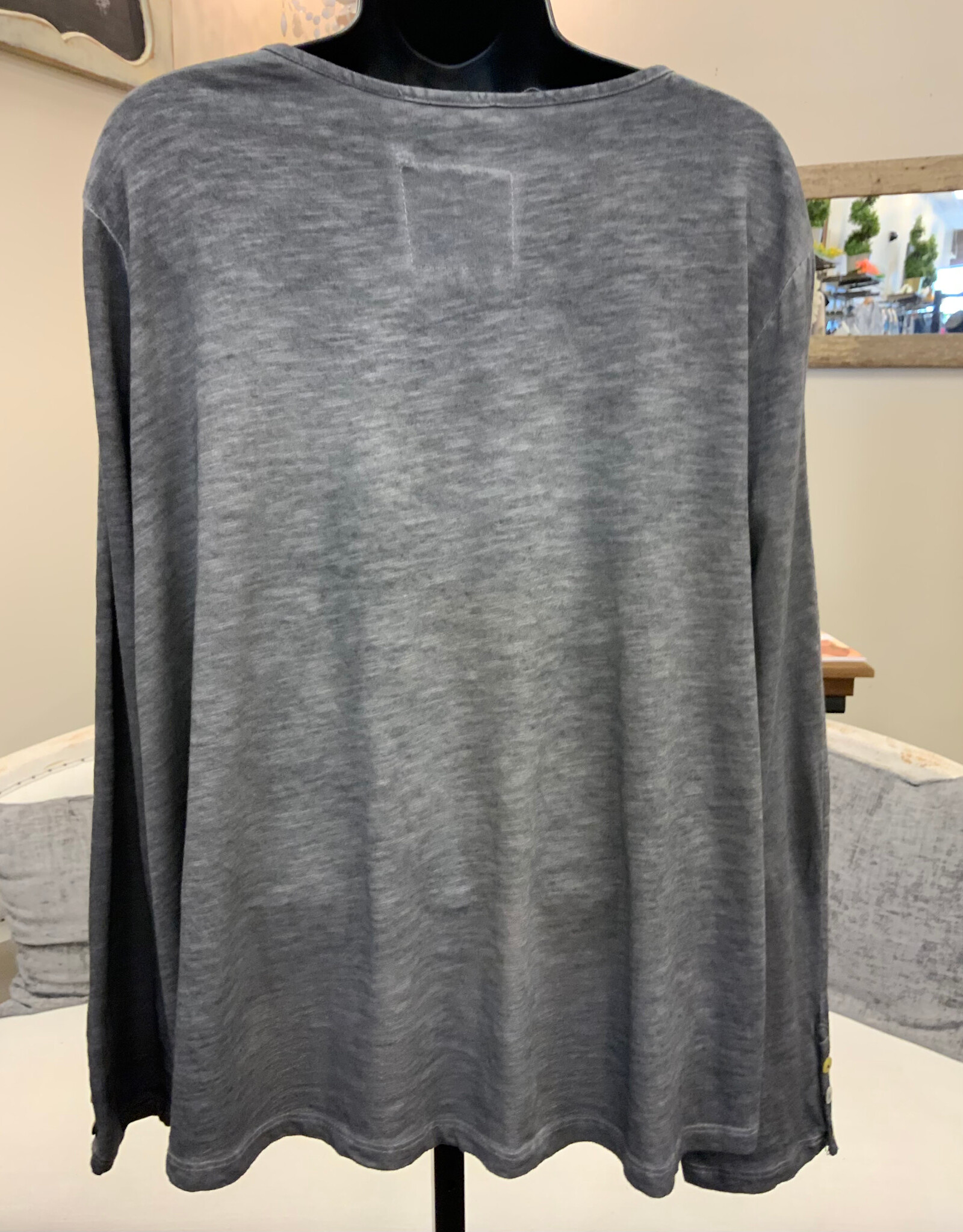 Saga Saga Charcoal Round Neck Long Sleeve Button Detail Top