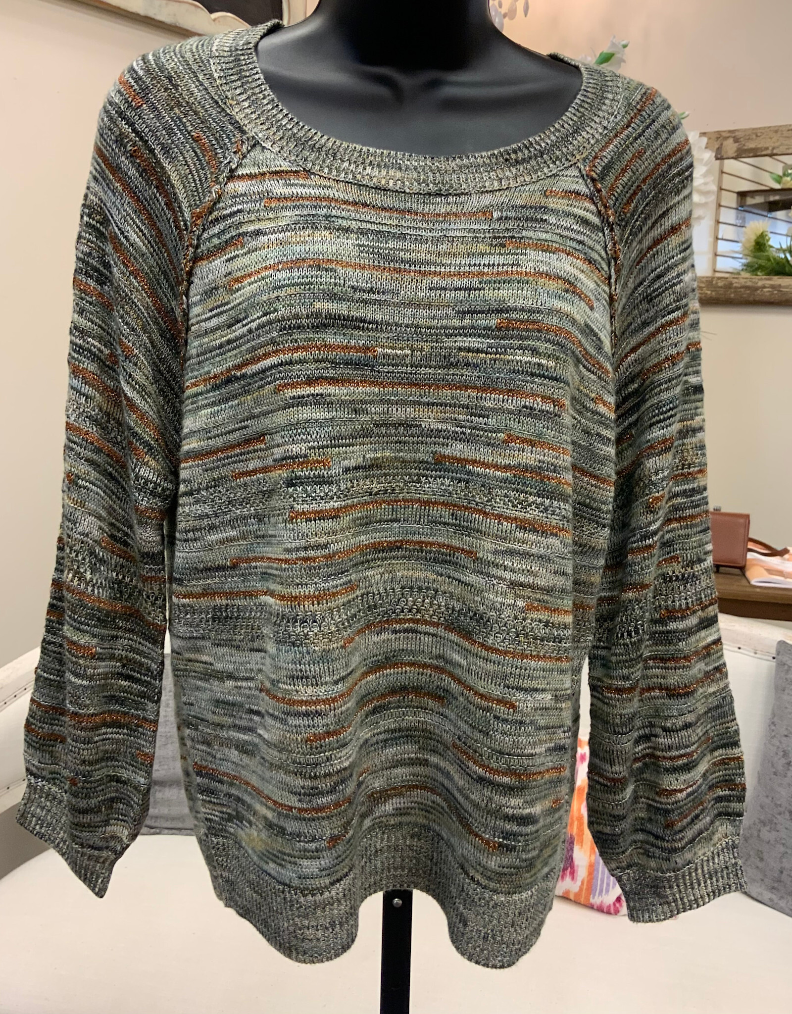 Democracy Democracy Celadon Multi  3/4 Blouson Sleeve Round Neck Top
