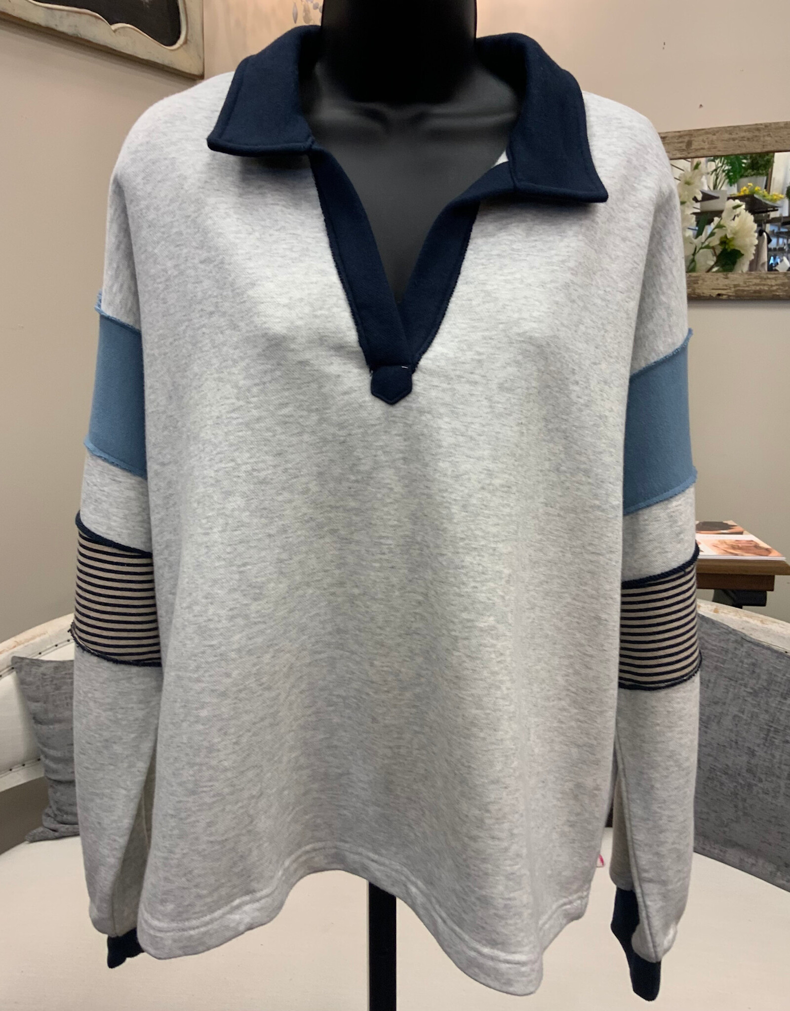 Threads 4 Thought Threads  4 Thought Grey /Navy Collar V-Neck Long Sleeve Top