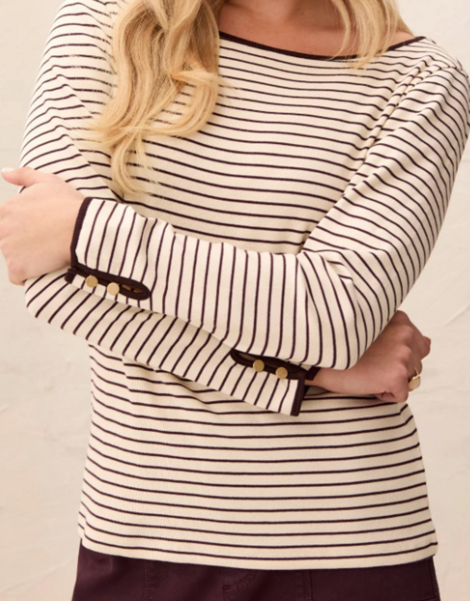 Tribal Tribal Ivory/Fudge Boat Neck Long Sleeve Top
