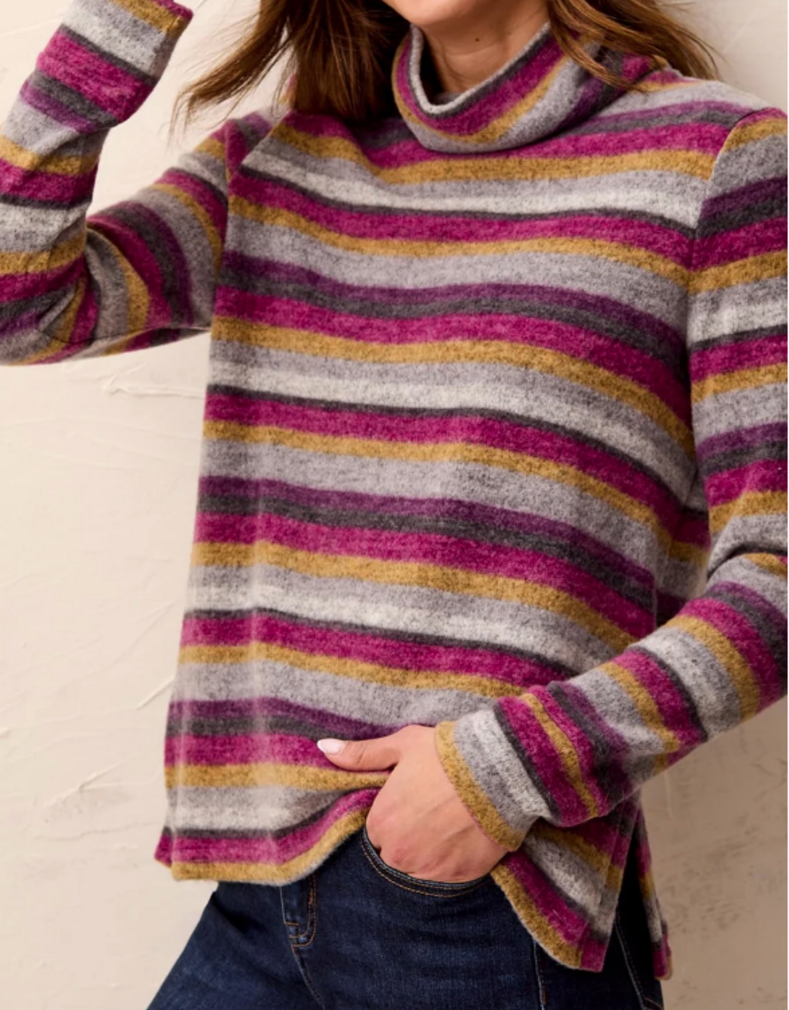 Tribal Tribal Mulberry Stripe Funnel Neck Long Sleeve Top