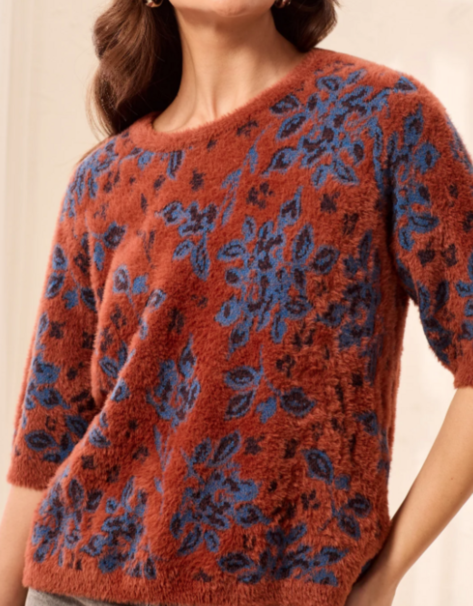 Tribal Tribal Maple Floral Round Neck Elbow Sleeve Sweater Top