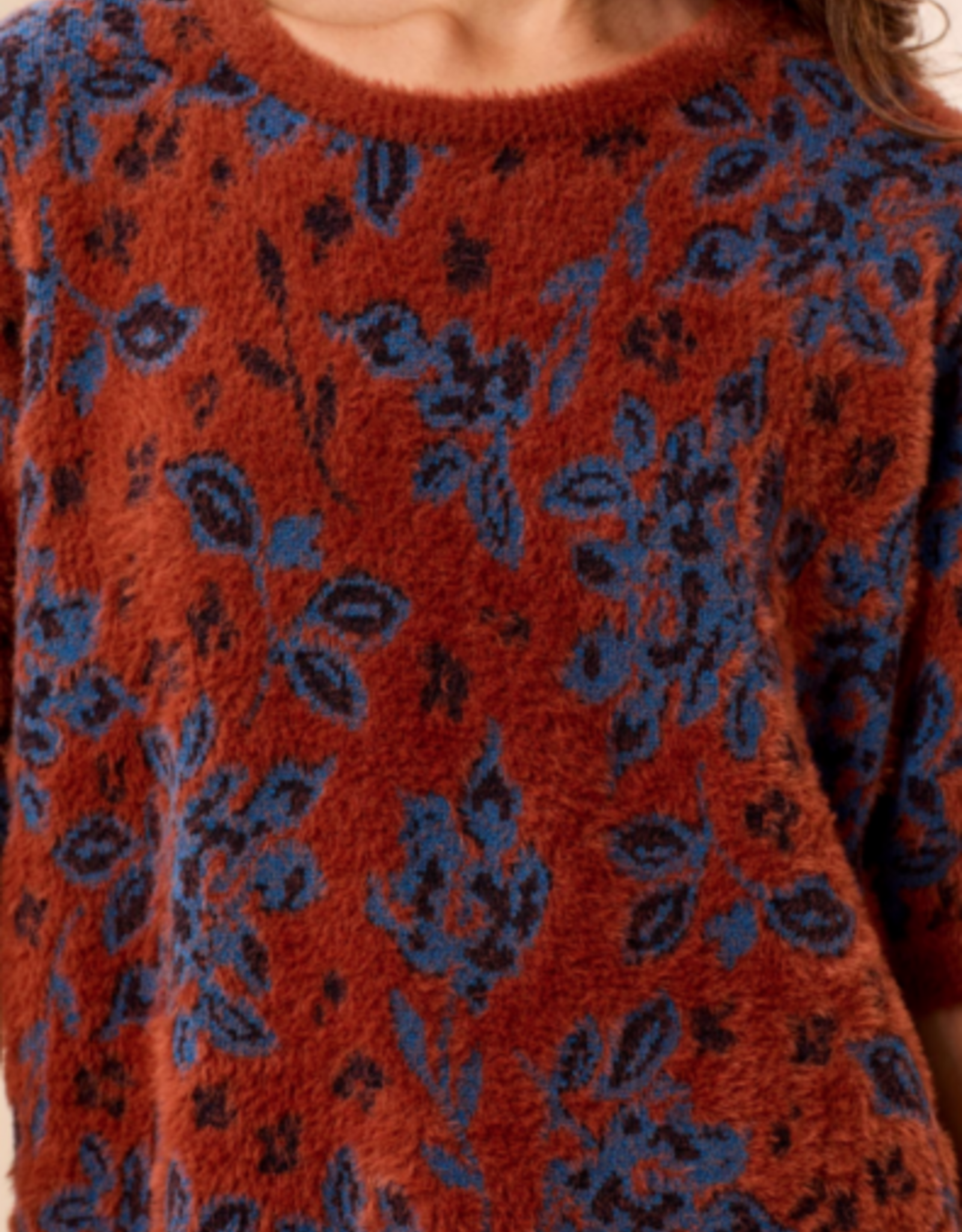 Tribal Tribal Maple Floral Round Neck Elbow Sleeve Sweater Top