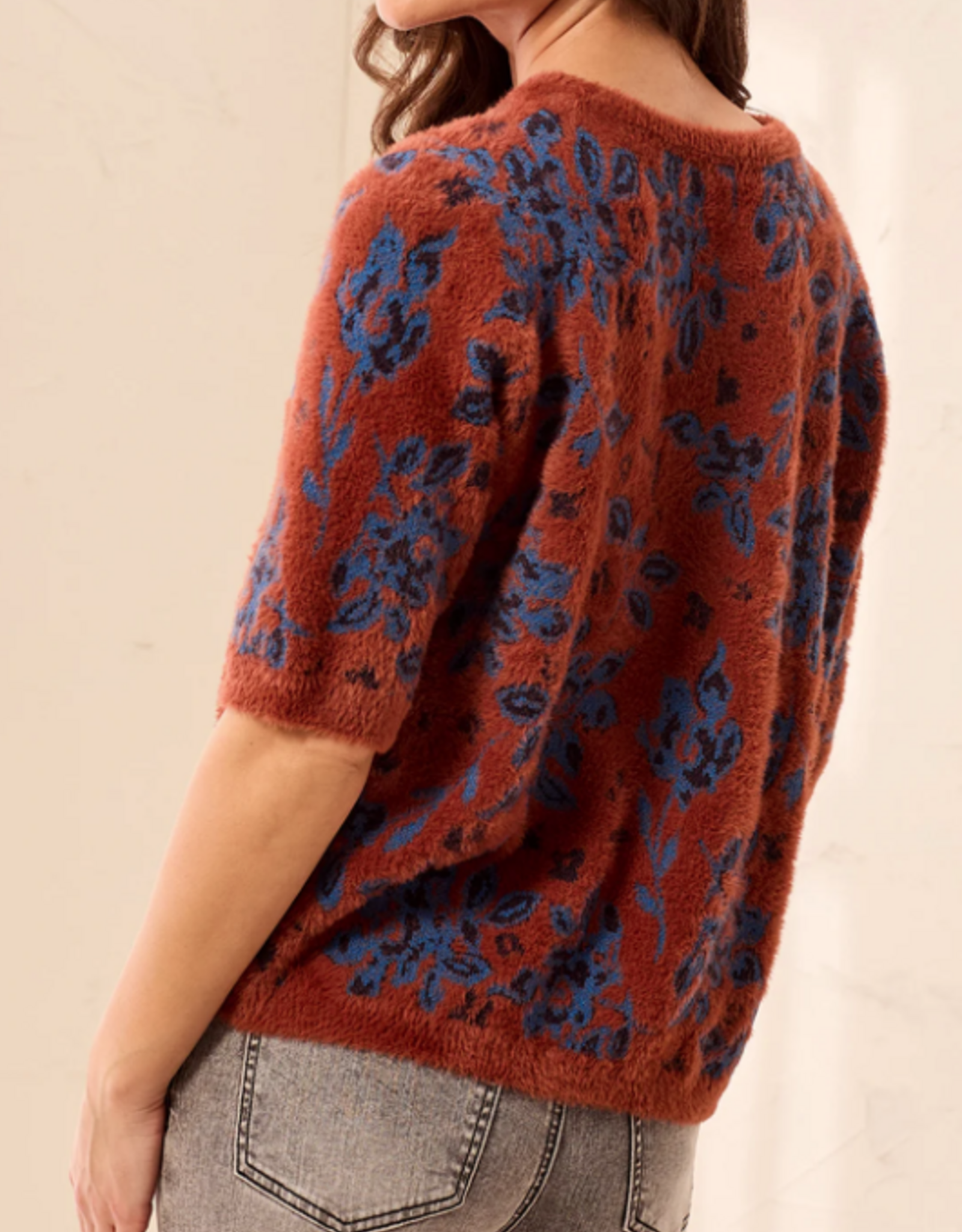 Tribal Tribal Maple Floral Round Neck Elbow Sleeve Sweater Top