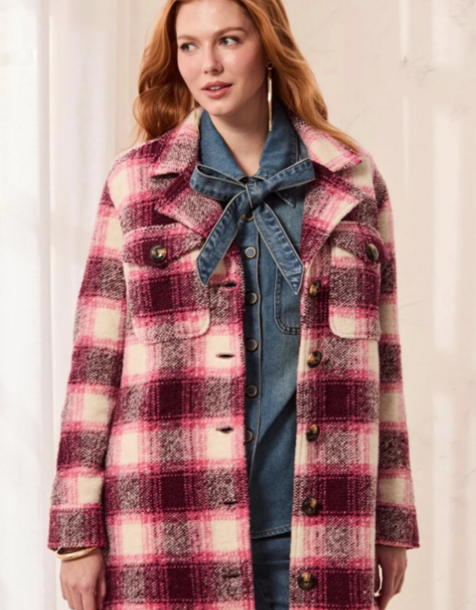 Tribal Tribal Cherrylacquer Plaid Knit Button-Up Shacket