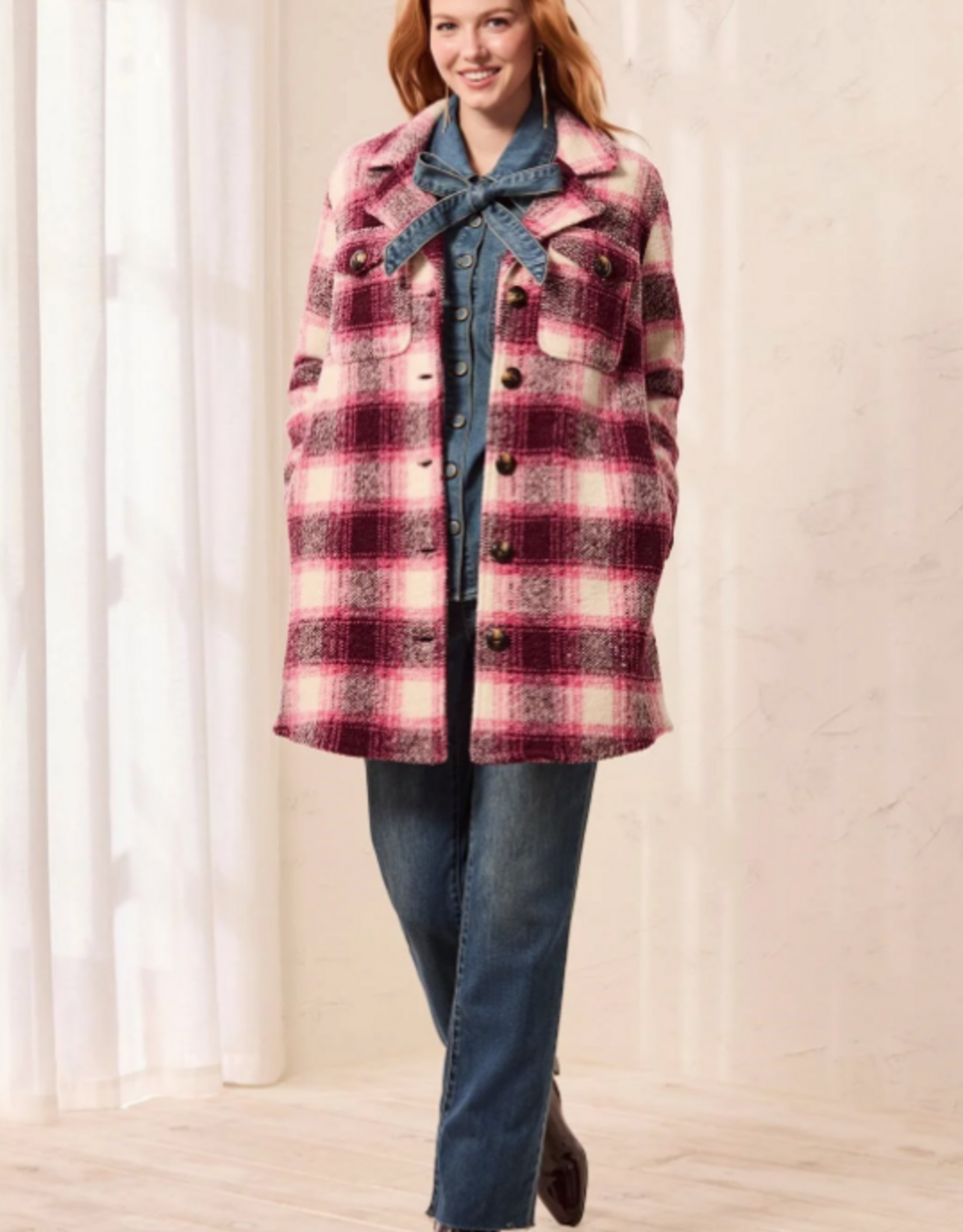 Tribal Tribal Cherrylacquer Plaid Knit Button-Up Shacket