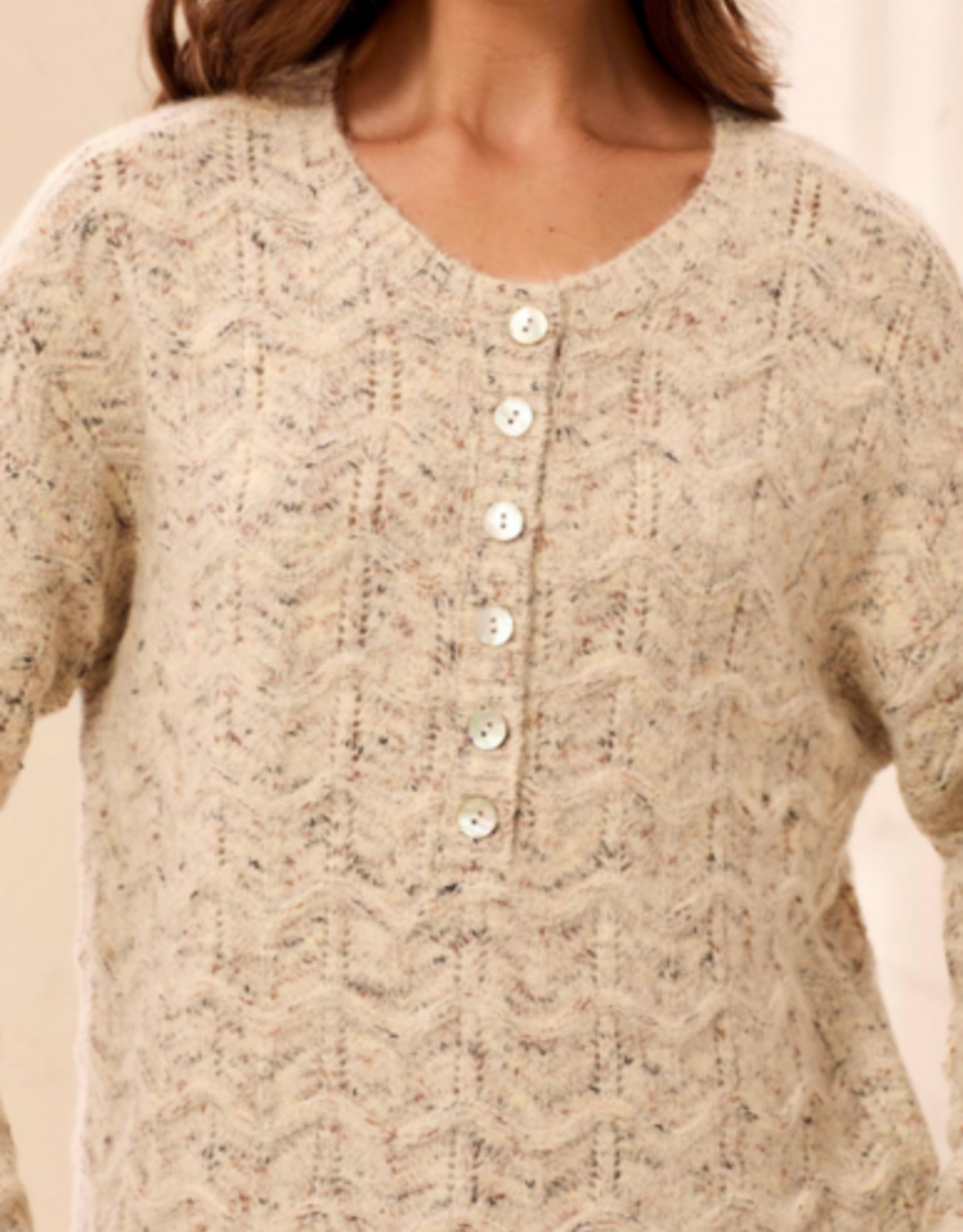 Tribal Tribal Cream Henley Button Neck Long Sleeve Sweater w/Scallop Hem