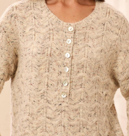 Tribal Tribal Cream Henley Button Neck Long Sleeve Sweater w/Scallop Hem