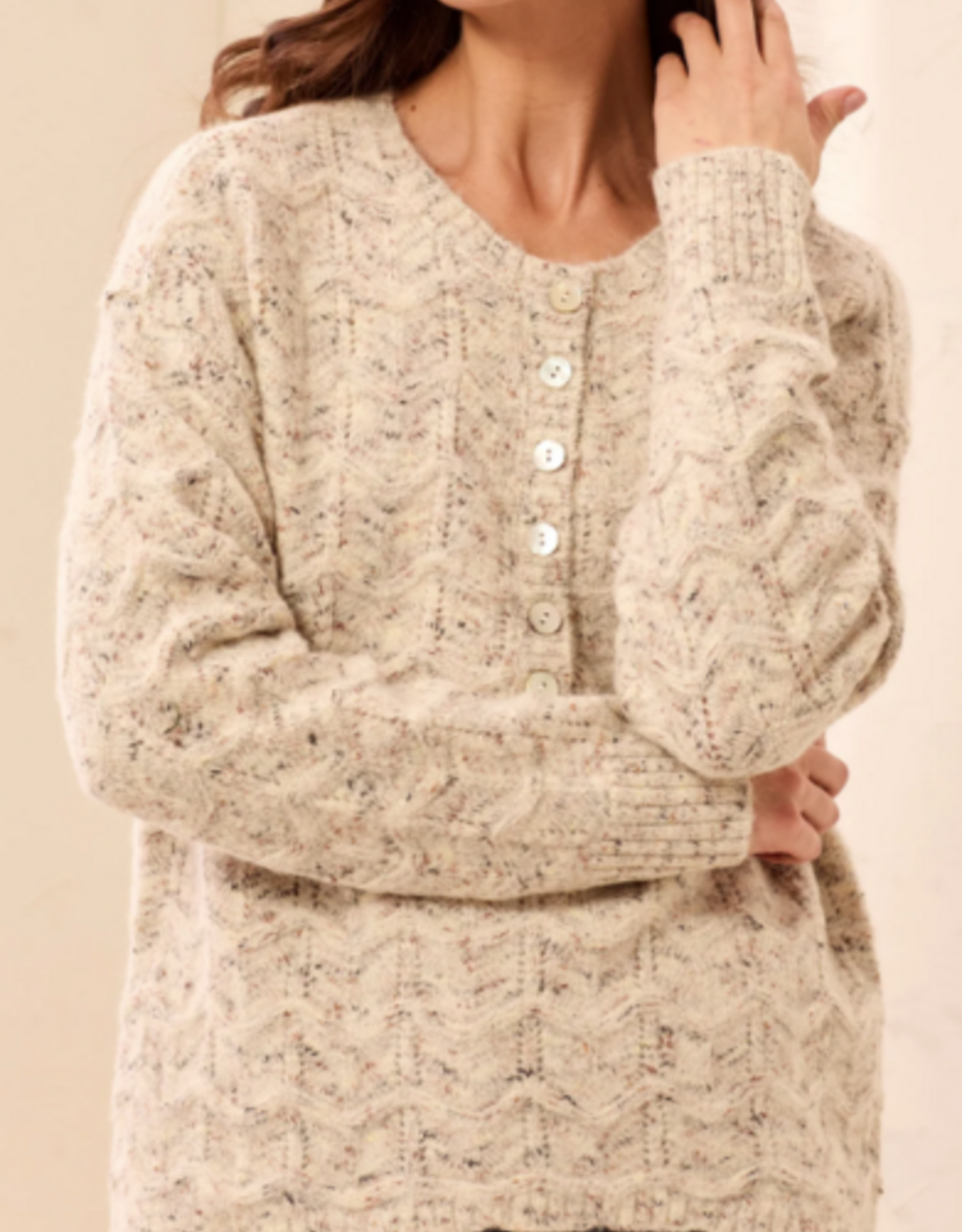 Tribal Tribal Cream Henley Button Neck Long Sleeve Sweater w/Scallop Hem