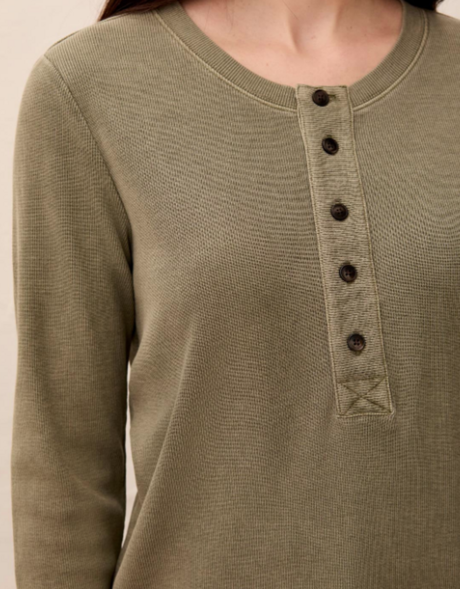Tribal Tribal Olivestone Line Texture 3/4 Button Neck Long Sleeve Top