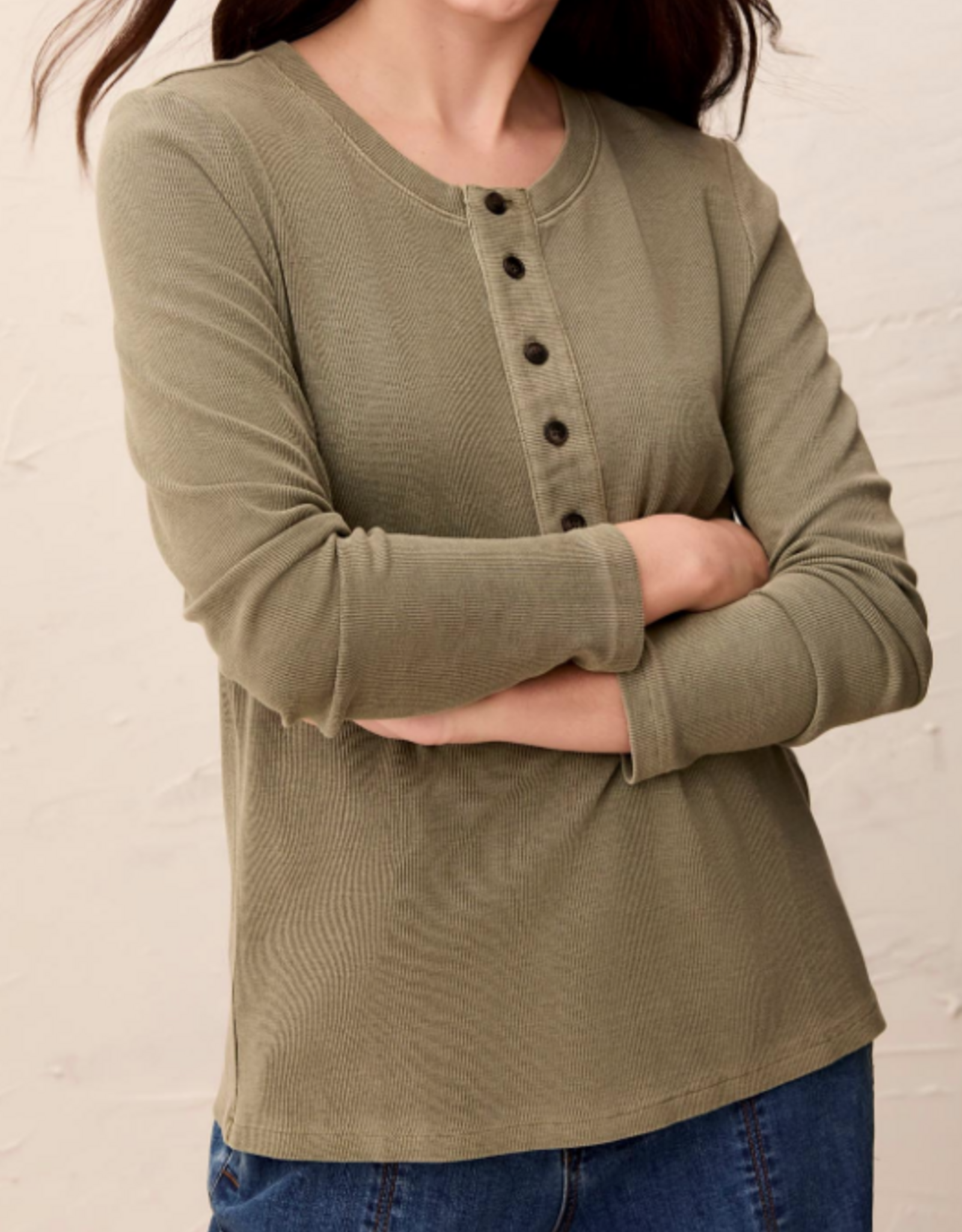 Tribal Tribal Olivestone Line Texture 3/4 Button Neck Long Sleeve Top