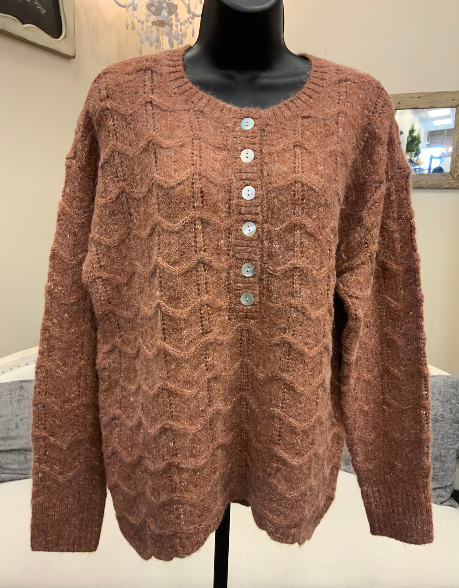 Tribal Tribal Chocolate Henley Button Neck Long Sleeve Sweater w/Scallop Hem