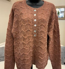 Tribal Tribal Chocolate Henley Button Neck Long Sleeve Sweater w/Scallop Hem