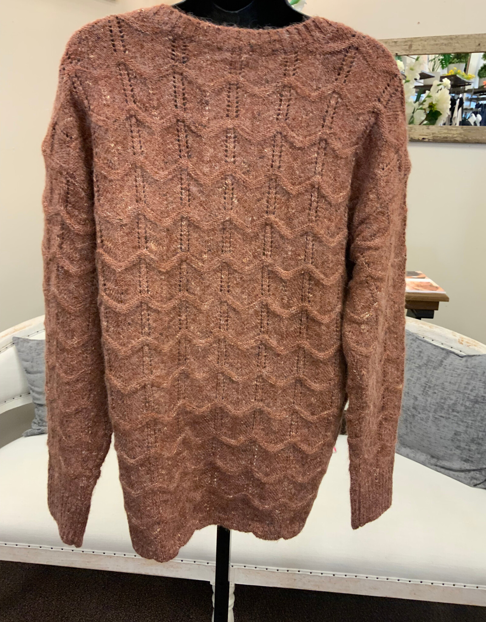 Tribal Tribal Chocolate Henley Button Neck Long Sleeve Sweater w/Scallop Hem