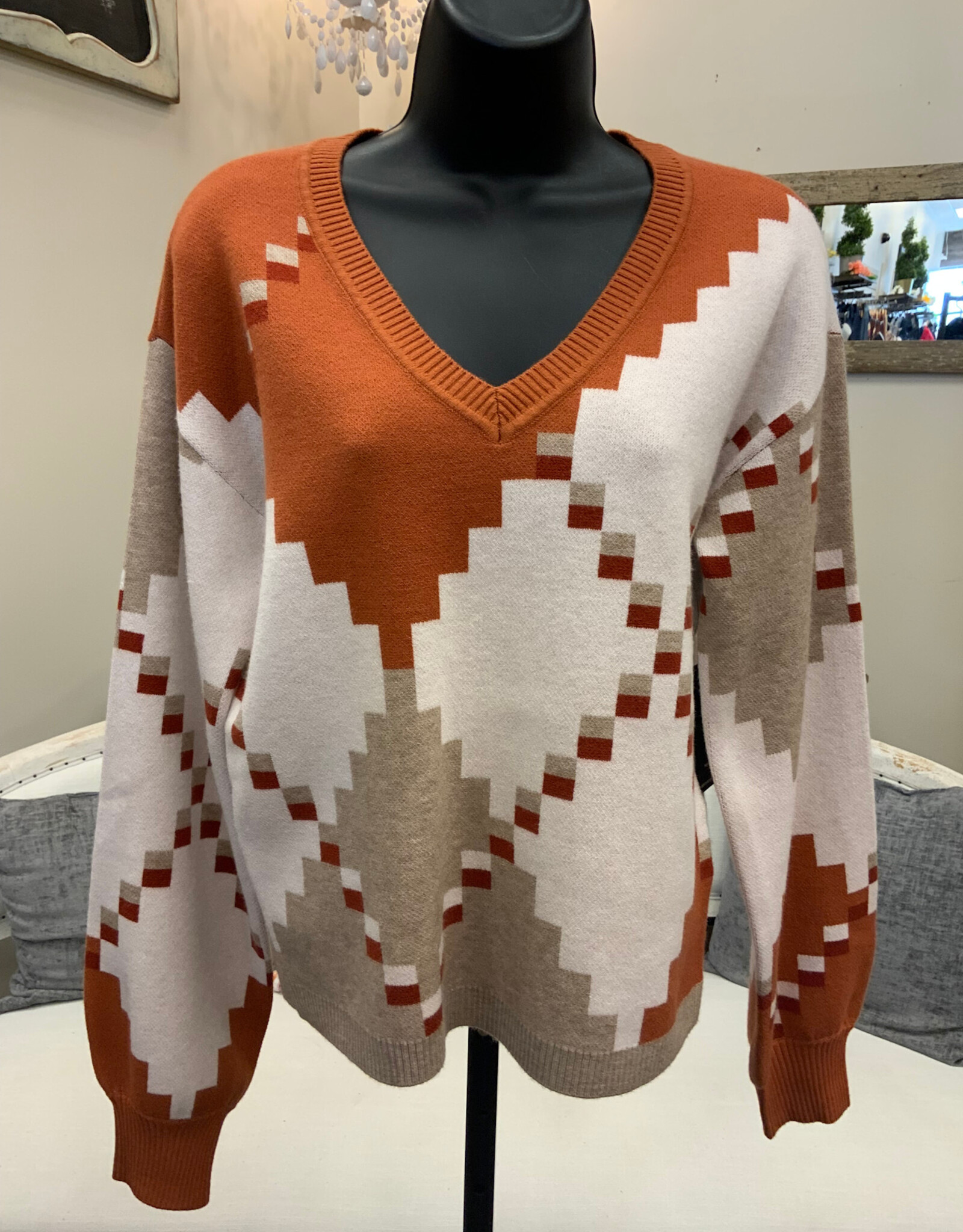 APNY APNY Cinnamon Spice Color Block V-Neck Long Sleeve Sweater
