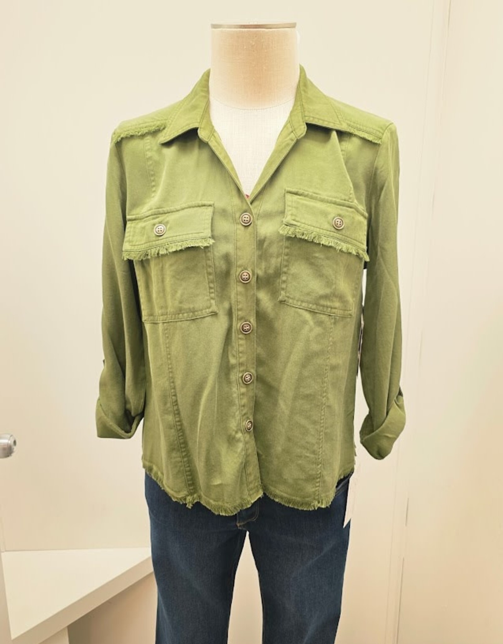 Multiples Multiple Olive Button Up Roll Tab Sleeve  Petite Top