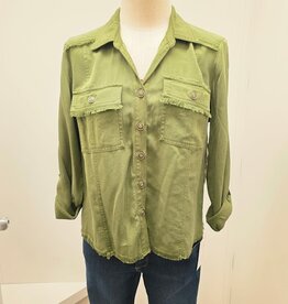 Multiples Multiple Olive Button Up Roll Tab Sleeve  Petite Top