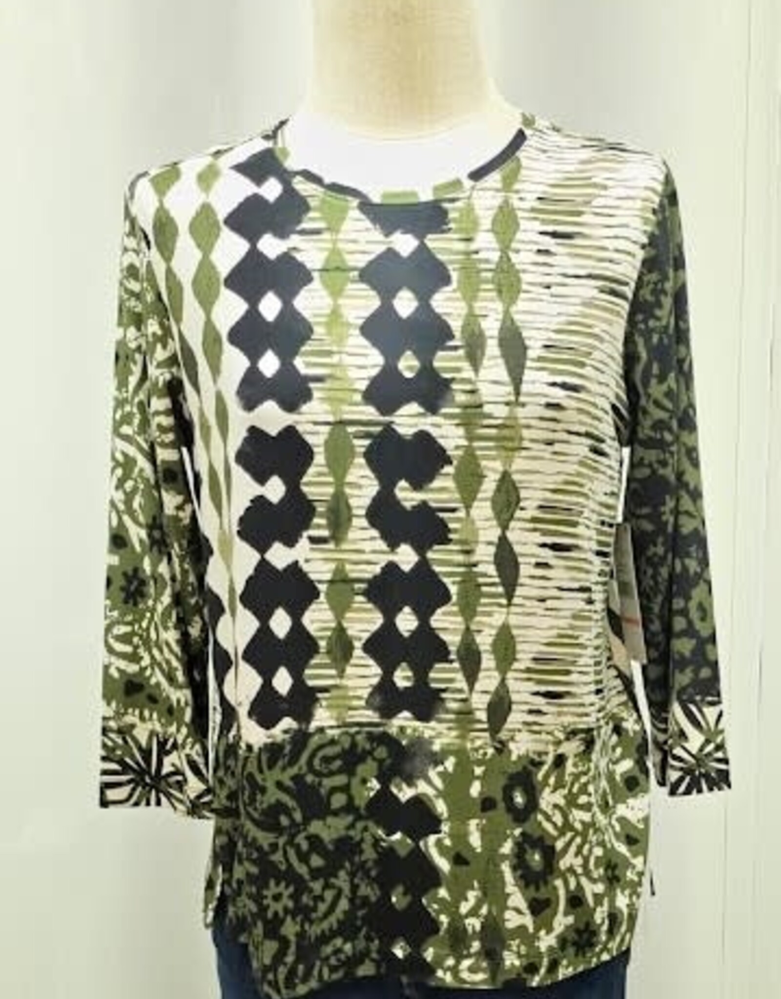 Multiples Multiple Olive Multi Print Round Neck 3/4 Sleeve Petite Top