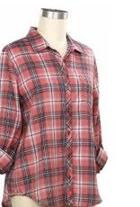 N Touch N Touch Coral Quartz Navy Button Up Roll Tab Sleeve Petite Top