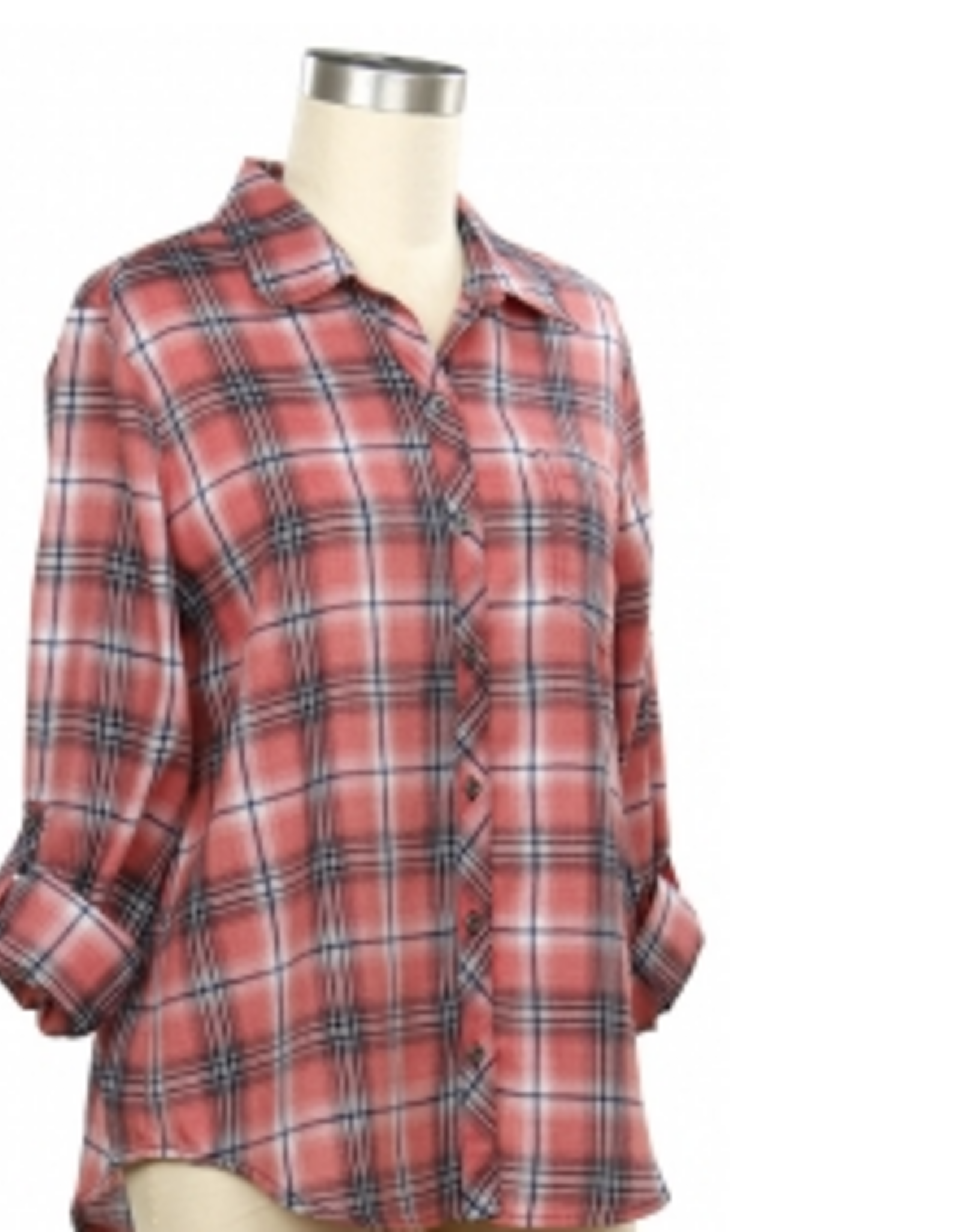 N Touch N Touch Coral Quartz Navy Button Up Roll Tab Sleeve Petite Top