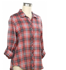 N Touch N Touch Coral Quartz Navy Button Up Roll Tab Sleeve Petite Top