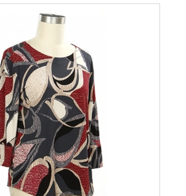 N Touch N Touch Charcoal Earthen Red Print Round Neck 3/4 Sleeve Petite Top