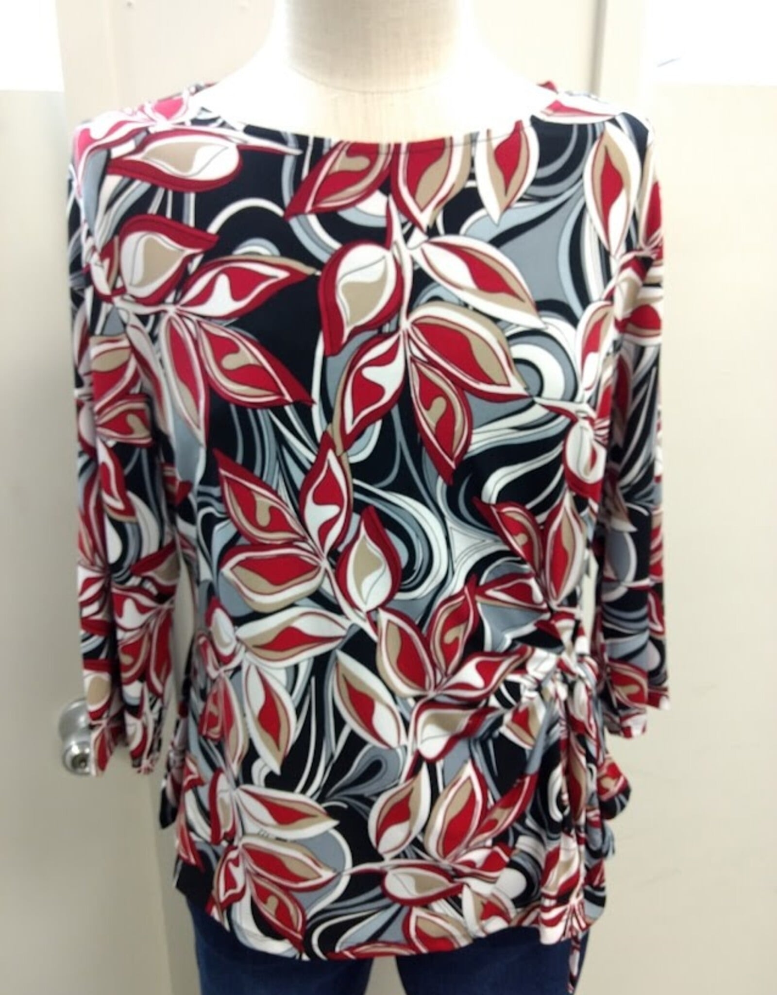 Southern Lady Southern Lady Burgundy/Grey Abstract Print V-Neck 3/4 Sleeve Petite Top