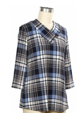 Links Links Orion Navy Blue Plaid Print V- Neck 3/4 Sleeve Top