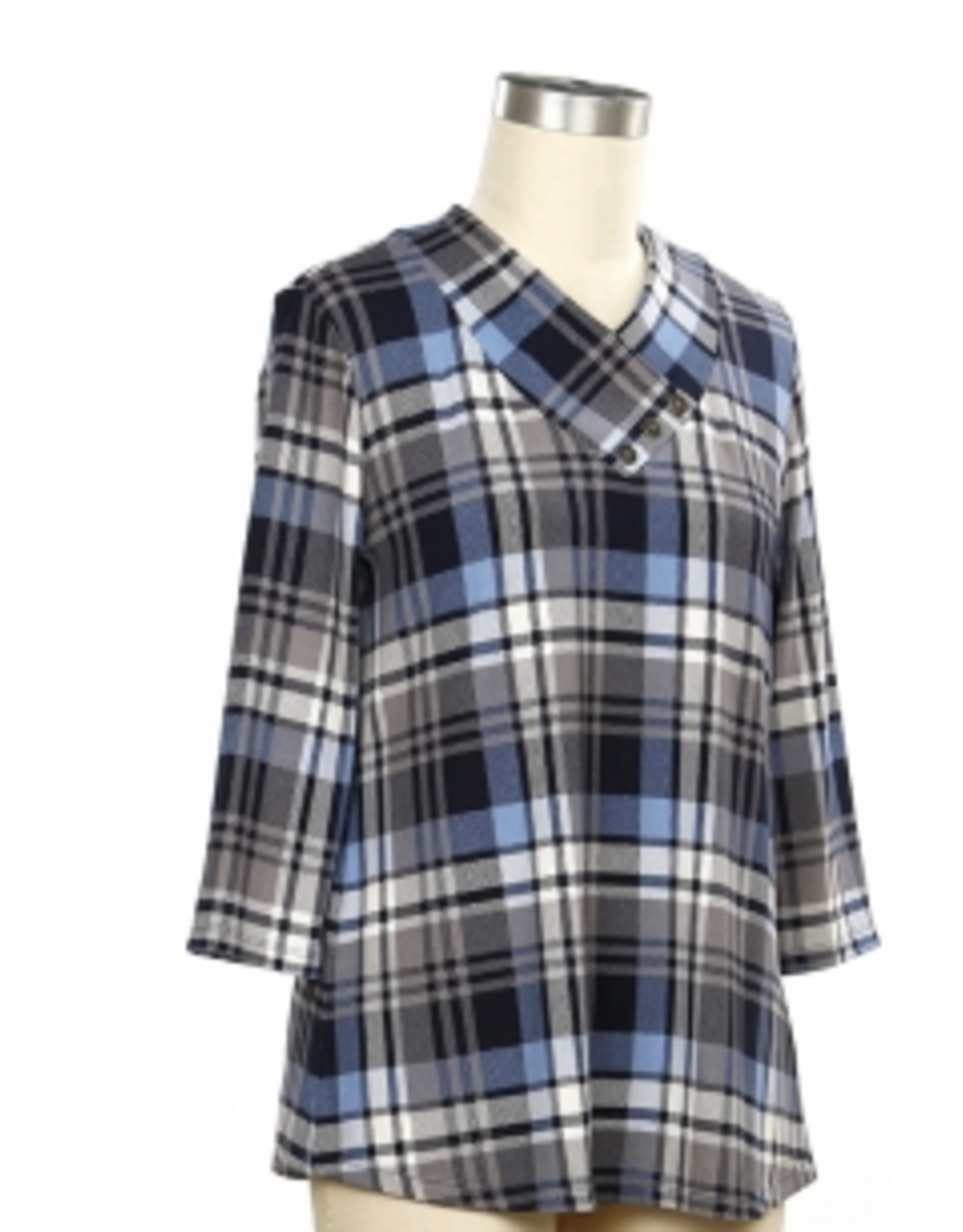 Links Links Orion Navy Blue Plaid Print V- Neck 3/4 Sleeve Top