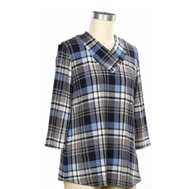 Links Links Orion Navy Blue Plaid Print V- Neck 3/4 Sleeve Top
