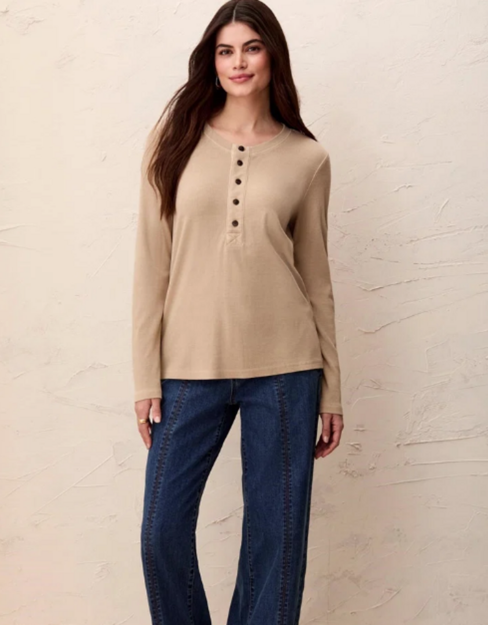 Tribal Tribal Pashmina Special Wash Long Sleeve Buttoned Henley Top